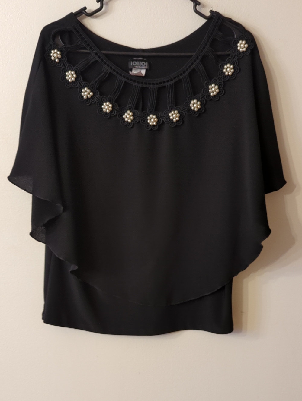 Lollol USA Black Embellished Pearl-Accent Layered Top Women's Polyester 2XL